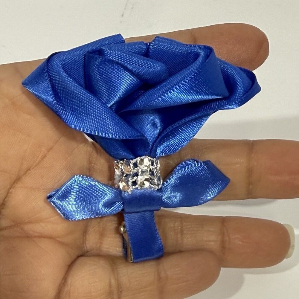 Handmade Satin Rose Hair Clip Blue Flower Bow Romantic Cottagecore 2.5 In - Picture 11 of 11